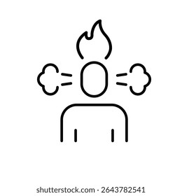 Overwhelmed mind icon outline style. A person with steam and flame above head symbolizing anger, stress, or emotional burnout. Thin line symbol vector illustration.