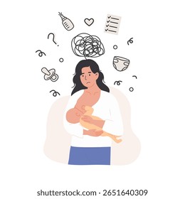 Overwhelmed new mother facing multiple responsibilities and mental load during postpartum recovery. Flat Style Vector Illustration for maternal wellness, parenting blogs and perinatal support services