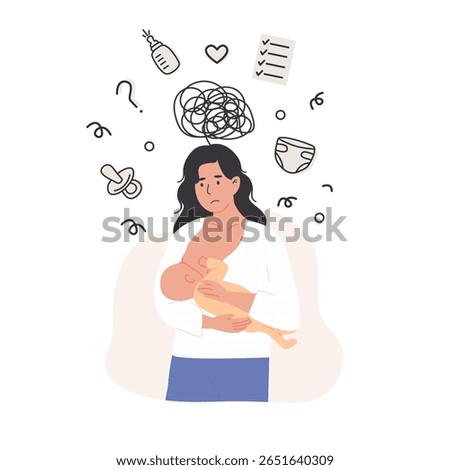 Overwhelmed new mother facing multiple responsibilities and mental load during postpartum recovery. Flat Style Vector Illustration for maternal wellness, parenting blogs and perinatal support services