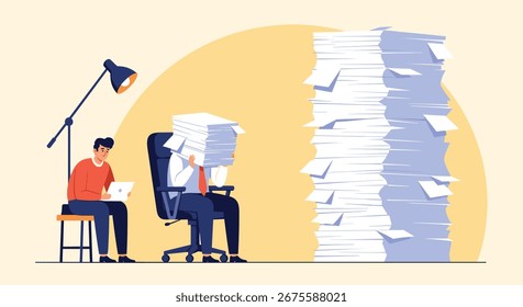 Overwhelmed office worker drowning in paperwork and tasks by a towering stack of documents
