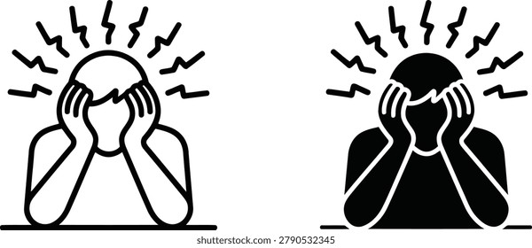 Overwhelmed person icon set line art and solid silhouette depicting stress and mental breakdown