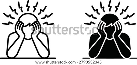 Overwhelmed person icon set line art and solid silhouette depicting stress and mental breakdown