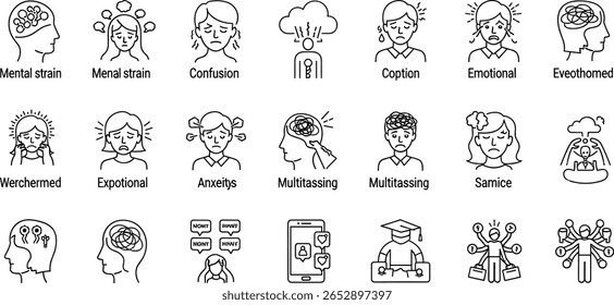 Ícone de linha Situações estressantes e sobrecarregadas definido. Pictogramas vetoriais de tensão mental, confusão, pressão emocional, ansiedade, distração digital, multitarefa fina linear 