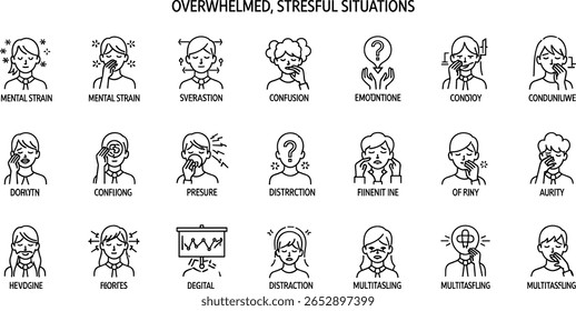 Ícone de linha Situações estressantes e sobrecarregadas definido. Pictogramas vetoriais de tensão mental, confusão, pressão emocional, ansiedade, distração digital, multitarefa fina linear 