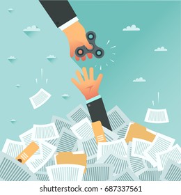 Overwhelmed student get spinner for good study and exam. Pile of papers and overwhelmed student. Too much study and stress. Education, work and relax concept. Vector flat design colorful illustration.