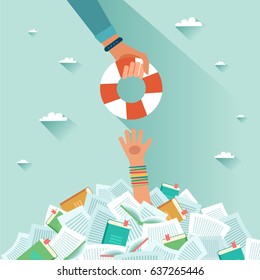 Overwhelmed student and pile of books. Student getting rescue ring. Too much study. Student's hand drowning in books. Exams concept. Vector flat design colorful illustration 