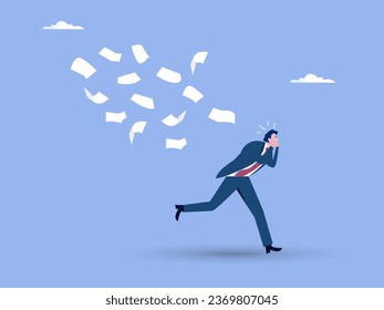 Abrumada o sobrecargada de trabajo, exhausto y ansiedad, estresado y cansado de problemas y problemas, ataque de pánico o conmocionado, concepto de agotamiento y depresión, temeroso empresario huye. vector.