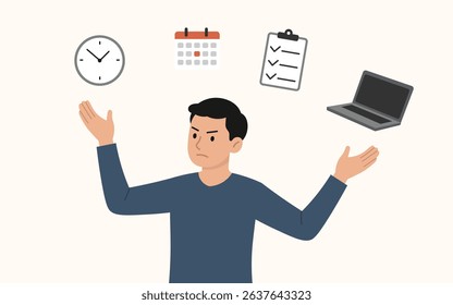 Overwhelmed Worker Juggling Time, Tasks, and Technology, Productivity and Stress Concept, Flat Vector Illustration