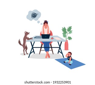 Overwhelmed working mother flat color vector detailed characters. Mom struggle with work-life balance. Stress and burnout isolated cartoon illustration for web graphic design and animation