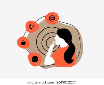 Menina sobrecarregada pensando em carga mental, trabalho invisível, fadiga cognitiva. Desgaste da multitarefa e da pressão diária. Ilustração de vetor de design plano de carga mental