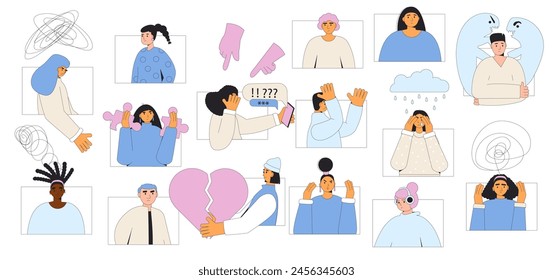 Overwhelmed young people with mental problems. Mental disorder burnout, confusion and depression. Teenage girls and boy with bad mood community for support each other. Vector flat outline illustration