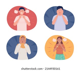 Overwhelming emotions 2D vector isolated illustrations set. Mad and scared people flat characters on cartoon background. Screaming colourful scenes collection for mobile, website, presentation
