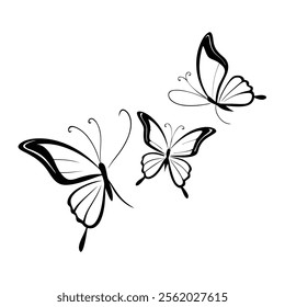 The overwhelming majority of the butterflies-in-flight line art on a white background.