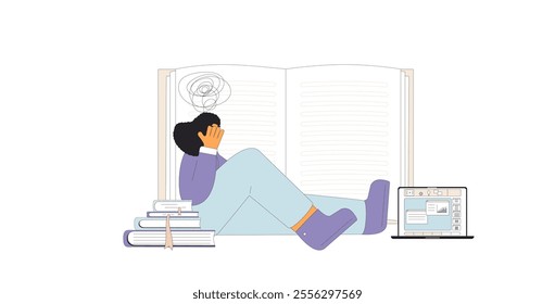 Overwhelming student sitting on the floor, appearing overwhelmed and stressed, with a large open book, laptop isolated on white background. Exam anxiety. Vector outline flat illustration