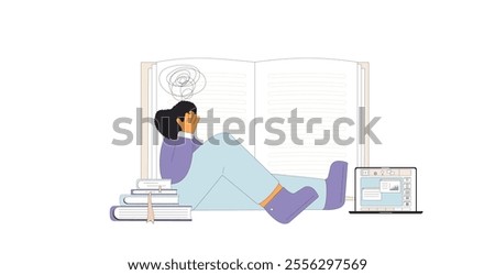 Overwhelming student sitting on the floor, appearing overwhelmed and stressed, with a large open book, laptop isolated on white background. Exam anxiety. Vector outline flat illustration