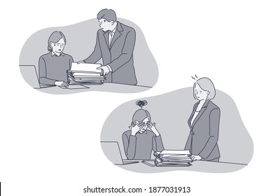 Overwork, burnout, Stress concept. Unhappy depressed stressed young woman office worker getting heaps of new document and tasks and feeling stressed and tired in office. Exhaustion, depression vector 