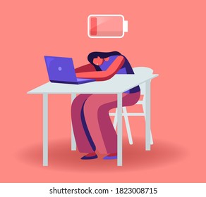 Overwork Burnout Symptom Concept. Lazy or Tired Overload Businesswoman Character with Low Life Energy Power Sleeping at Office Working Place Lying on Desk with Computer Cartoon Vector Illustration