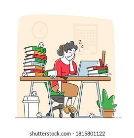 Overwork Burnout, Tiredness and Fatigue Concept. Tired Overload Businesswoman Character with Low Life Energy Power Sleeping on Office Desk with Spilled Coffee on Floor. Linear Vector Illustration