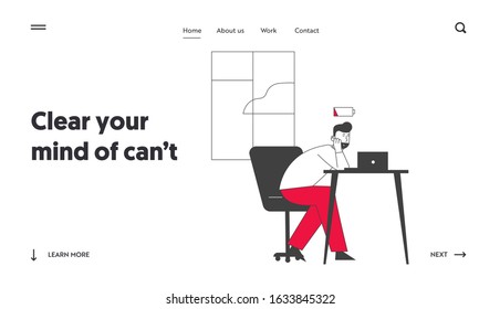 Overwork Burnout Tiredness Fatigue, Depression Website Landing Page. Tired Overload Sad Businessman with Low Life Energy Power Working Hard Web Page Banner. Cartoon Flat Vector Illustration, Line Art