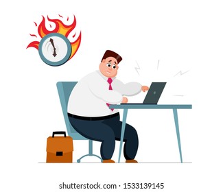 Overwork deadline late office work concept. Stressed male office employee character sitting at workplace with laptop and clock in fire. Burning time management vector illustration