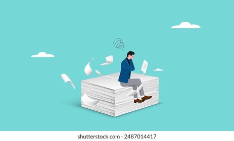 overwork with excessive workload, heavy workload or business burden make depression, burnout and low efficiency, stressed businessman sitting on work task papers that are piled up and scattered around
