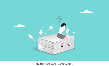 overwork with excessive workload, heavy workload or business burden make depression, burnout and low efficiency, stressed woman sitting on work task papers that are piled up and scattered around