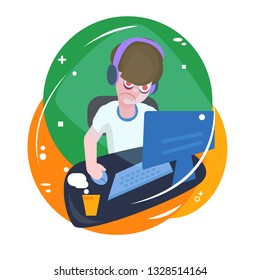 Overwork. Freelancer works at night. Student at the computer, tired eyes. Stress. Internet addiction. Digital overload. Deadline. Office employee