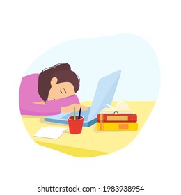 Overwork. The little girl fell asleep at the workplace. Vector illustration.