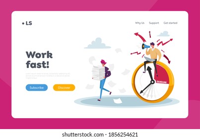 Overwork Manager Deadline Stress Landing Page Template. Businessman Yell in Loudspeaker on Office Employee Working with Papers. Boss Character Hurry Worker with Job. Cartoon People Vector Illustration