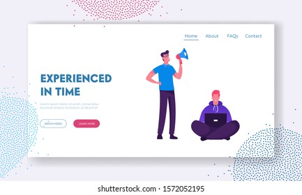 Overwork Manager Deadline Stress Situation Website Landing Page. Boss Businessman Yelling in Loudspeaker on Man Office Employee Working on Laptop Web Page Banner. Cartoon Flat Vector Illustration