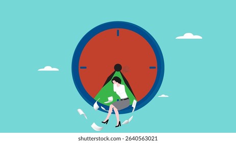overwork in office deadline, stress businesswoman because many work deadlines sit on the clock with the red zone squeezing them