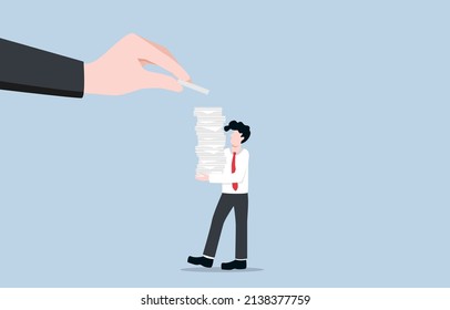 Overwork office, mistake workload management, or stress and exhaustion at work concept.Frustrated employee carried overload documents and still got new task from big boss hand.  