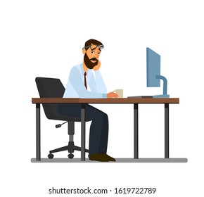Overwork, office routine, depressed corporate employee sitting in a chair. A Tired Person Works Overtime.Vector illustration in cartoon style.