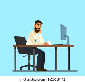 Overwork, office routine, depressed corporate employee sitting in a chair. A Tired Person Works Overtime.Vector illustration in cartoon style.