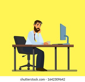 Overwork, office routine, depressed corporate employee sitting in a chair. A Tired Person Works Overtime.Vector illustration in cartoon style.