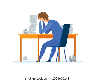 Overwork, Office Routine Flat Vector Illustration. Depressed Corporate Worker, Student Sitting in Chair Cartoon Character. Stressed Businessman Overloaded with Paperwork. Tired Man Working Overtime