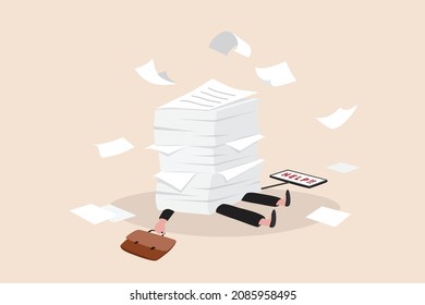 Overwork and overload work make employee exhausted and stressed leads to depression, burnout and low efficiency, fatigue business woman buried under pile of paper or unfinished work near deadline.