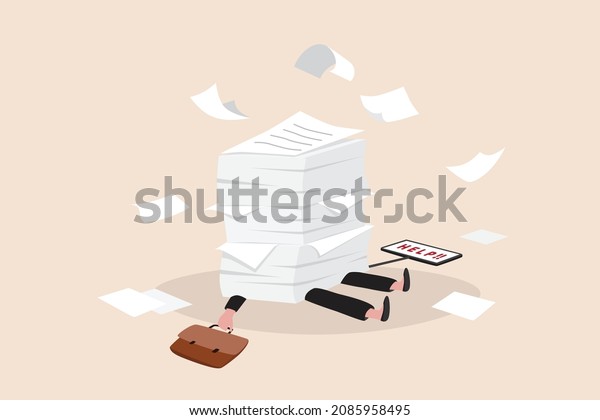 Overwork and overload work make employee\
exhausted and stressed leads to depression, burnout and low\
efficiency, fatigue business woman buried under pile of paperwork\
or unfinished work near\
deadline.