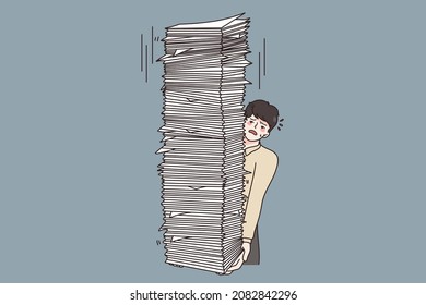 Overwork and pressure at work concept. Young stressed man worker carrying huge stack heap of papers documents feeling tired vector illustration 