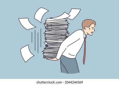 Overwork, stress, exhaustion at work concept. Young tired stressed businessman cartoon character carrying heap of papers having much duties things to do vector illustration 