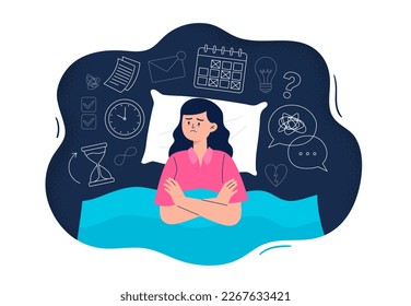 An overwork and stress symptom. Young sleepless woman lying in bed and thinking about problems, deadlines, tasks, and conversations. Vector flat illustration isolated on white background.