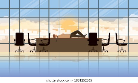 Overwork tired office man lay down sleep on the seat in conference room with messy chair at early morning sunrise. Exhausted people from work overnight. City lifestyle of work hard and burn out man.