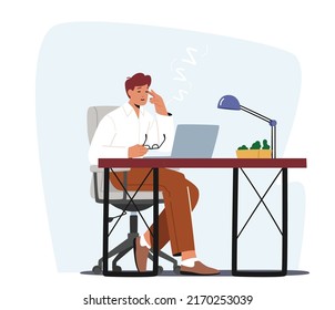 Overwork Tired Worker Character Burnout, Tiredness Fatigue And Depression. Overload Sleepy Businessman With Low Life Energy Working On Computer In Office. Cartoon People Vector Illustration