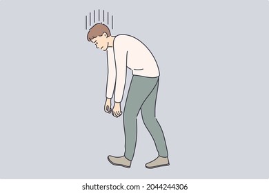 Overwork, tiredness, exhaustion at work concept. Young tired stressed businessman cartoon character walking with hand and back down vector illustration 