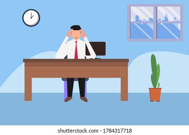 Overwork vector concept: Stressed businessman rubbing his head while working in his office