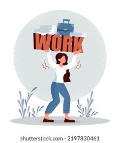 Overwork woman concept. Young girl holds inscription with briefcase on her hands. Inefficient workflow and poor time management. Tired manager, low energy worker. Cartoon flat vector illustration