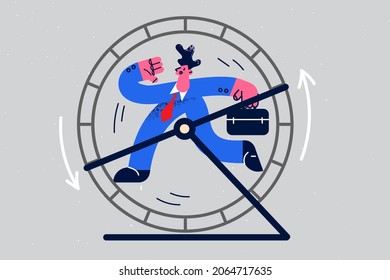 Overwork, workaholic and endless duties concept. Tired stressed businessman cartoon character running like squirrel in wheel vector illustration 