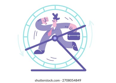 Sobrecarga de trabajo, adicción al trabajo y concepto de deberes interminables. Personaje de dibujos animados de hombre de negocios estresado cansado corriendo como ardilla en la Ilustración vectorial de la rueda