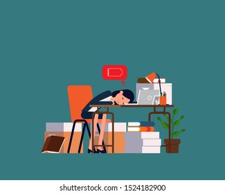 Overwork worker fell asleep at workplace desk. Tired and sleeping concept, Health, Flat cartoon vector illustration design