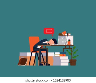 Overwork worker fell asleep at workplace desk. Tired and sleeping concept, Health, Flat cartoon vector illustration design